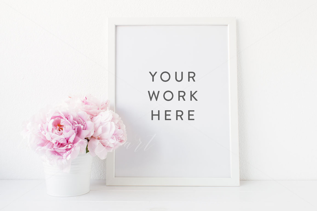 Peonies styled A3 frame mockup, a Print Template by White Hart Co.