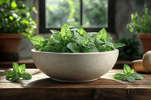 Green mint leaves in modern stone mortar on wooden table, a Food & Drink Photo by AlyaAnd