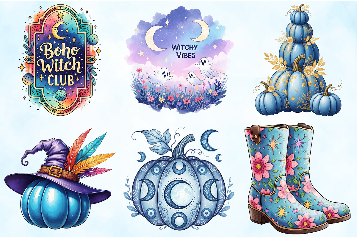 Blue Boho Halloween Sublimation PNG, an Illustration by Craft Nest (Photo 5 of 9)