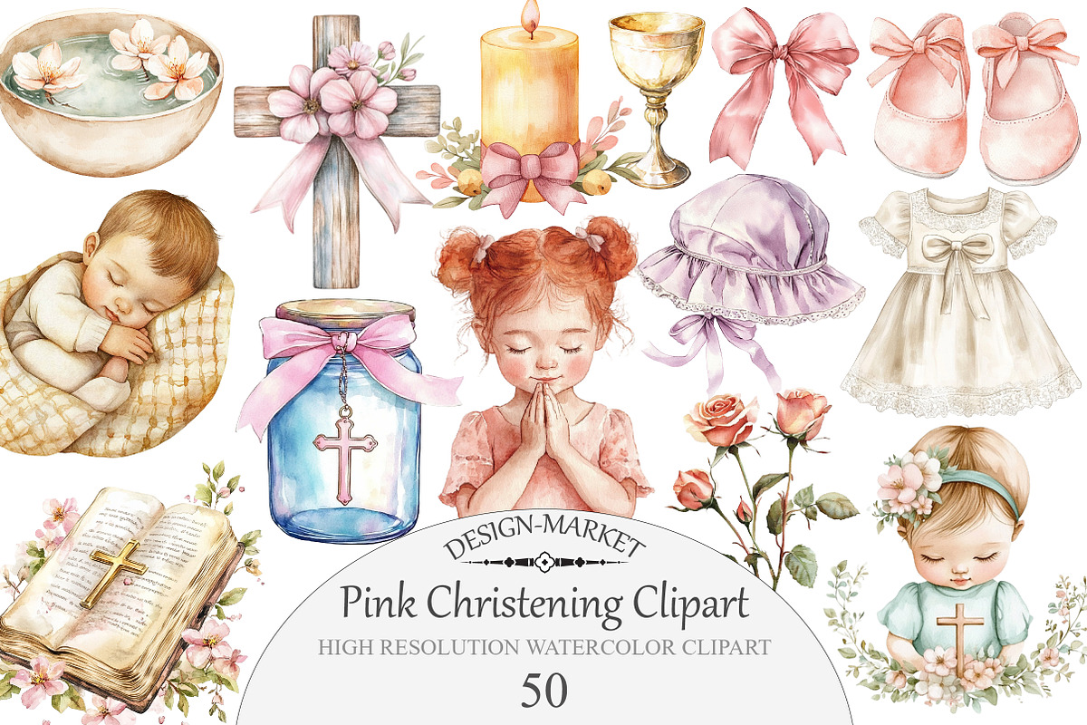 Pink Christening Clipart, an Illustration by Design Market (Photo 1 of 5)