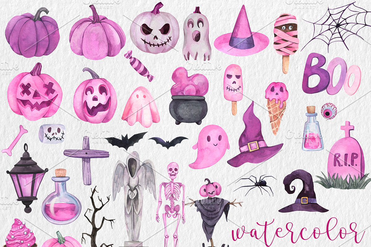 Watercolor Pink Halloween Clipart, a Seasonal Illustration by PatternPalette (Photo 2 of 2)