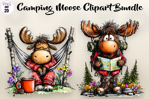 Camping Moose Clipart Bundle, a Seasonal Illustration by CreationArt