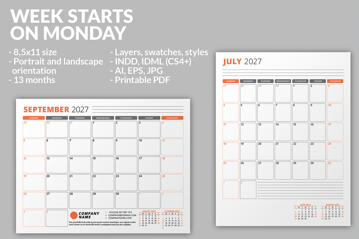Monthly Planner 2027 (MP038-27-S), a Stationery Template by mikhailmorosin