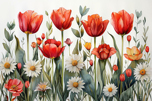 Watercolor botanical illustration of tulips and wildflowers with, a Nature Photo by José Manuel Gelpi
