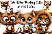 Cute Kitten Drinking Coffee Clipart, an Illustration by DreamArtGraphic (Thumbnail 1 of 5)