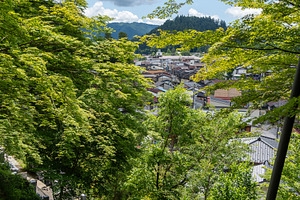 Takayama cityscape seen through forest trees in summer sunlight., a Nature Photo by GoodGoods