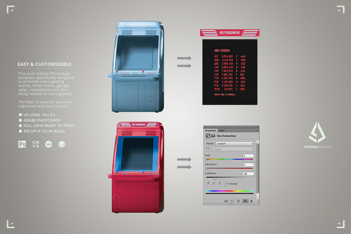 Retro Game Flyer SHMUP Arcade Mockup, a Flyer Template by Storm Pixels (Photo 2 of 3)