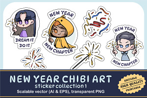 New Year Chibi Art Sticker Set 1, an Illustration by vectstudio