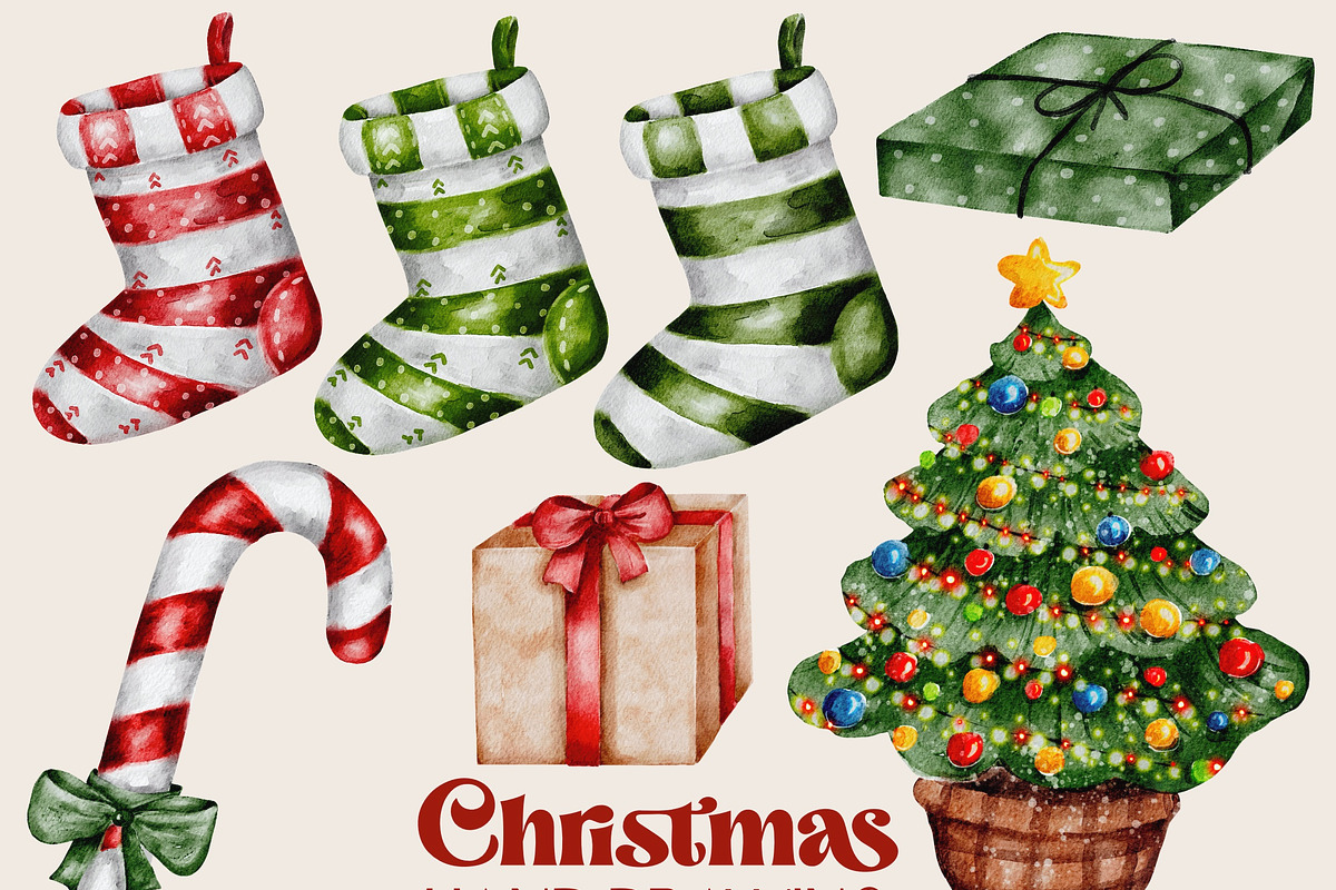 Christmas watercolor clipart set png, a Seasonal Illustration by Julia Bogdan (Photo 2 of 9)