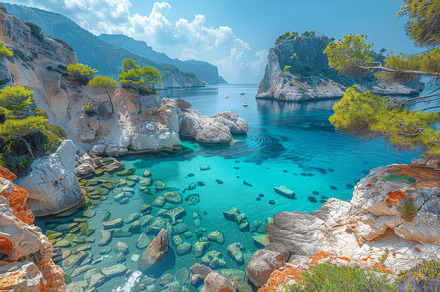 Stunning Spring View of Cameo Island, Greece with Turquoise Waters and Rocky Sh, a Photo by AS photostudio