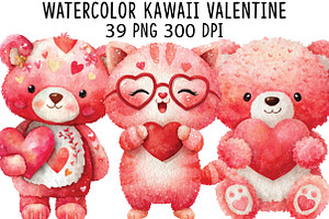 Watercolor Kawaii Valentine Clipart, an Illustration by CraftArtStudio
