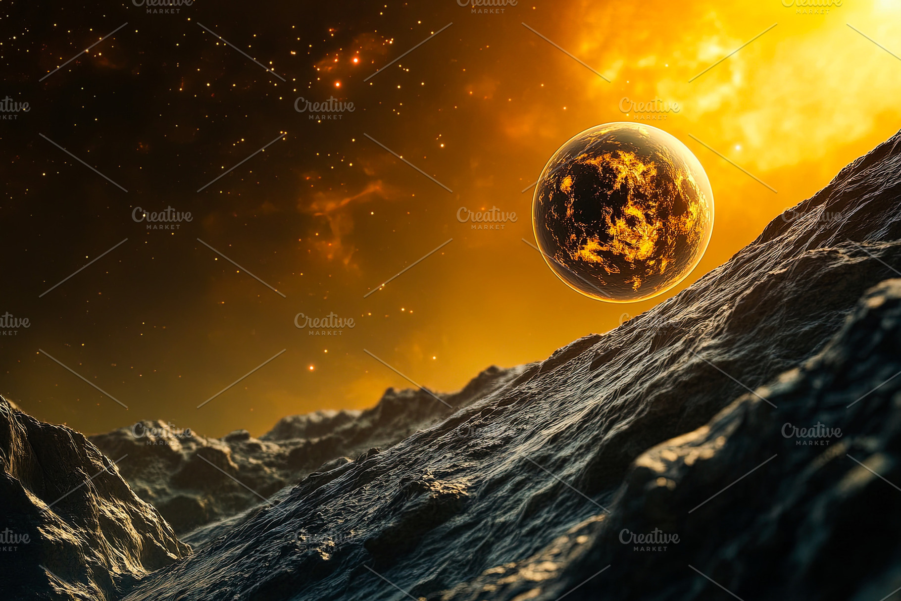 Alien Landscape with Fiery Planet, an Arts & Entertainment Photo by Ales Munt
