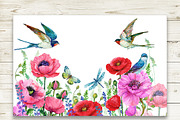 Red Poppies, flowers Clipart, Bird,, an Illustration by NickMitrushov (Thumbnail 3 of 4)