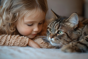 A young girl gently snuggles her fac, an Animal Photo by Pixeness Studio