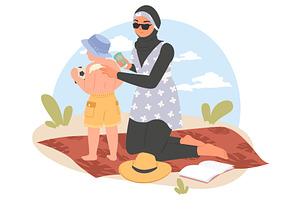 A mother is kneeling on a blanket, an Illustration by SiberianArt