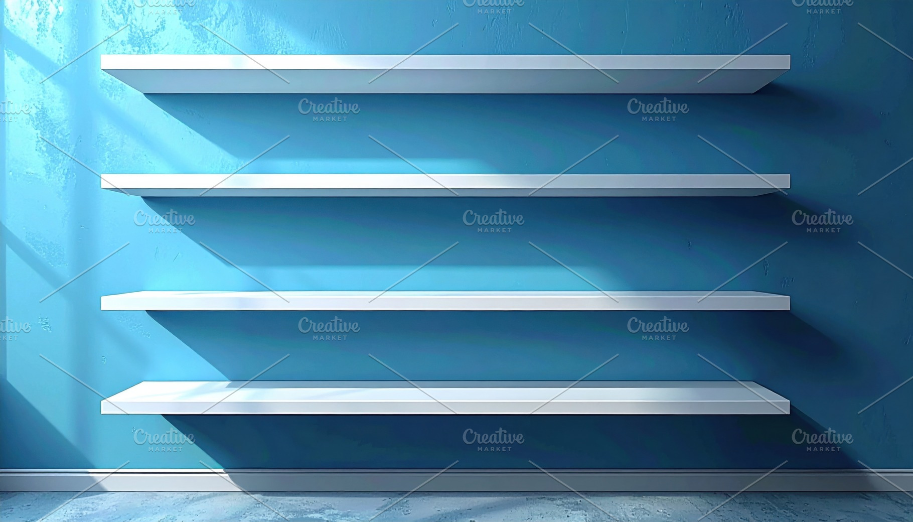 Empty White Minimalist Shelves on Vibrant Blue Wall, an Architecture Photo by Igor Tichonow