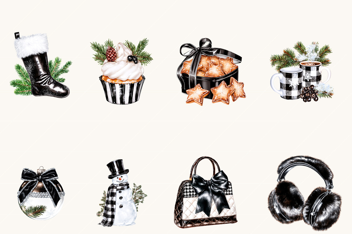Black & White Christmas Clipart, a Seasonal Illustration by BusyDaydesign (Photo 2 of 9)
