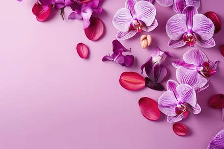Beautiful orchid petals on a colorful background. Spring concept. Generative AI, a Photo by José Manuel Gelpi
