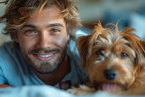 A young Caucasian man smiles warmly beside his playful dog, radiating joy and c, a Person Photo by ImageMir