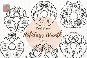 Hand-Drawn Holiday Wreaths Line Art