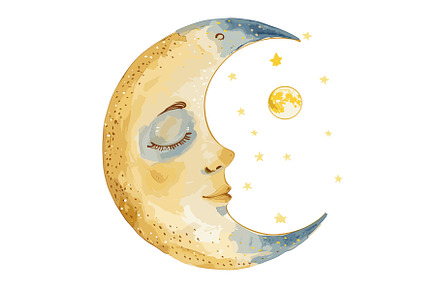 Crescent moon face stars sky serene, an Illustration by Vectorstockersland