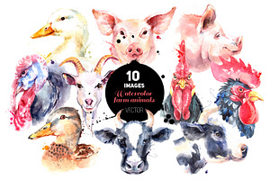 Watercolor Farm Animal Vector Set