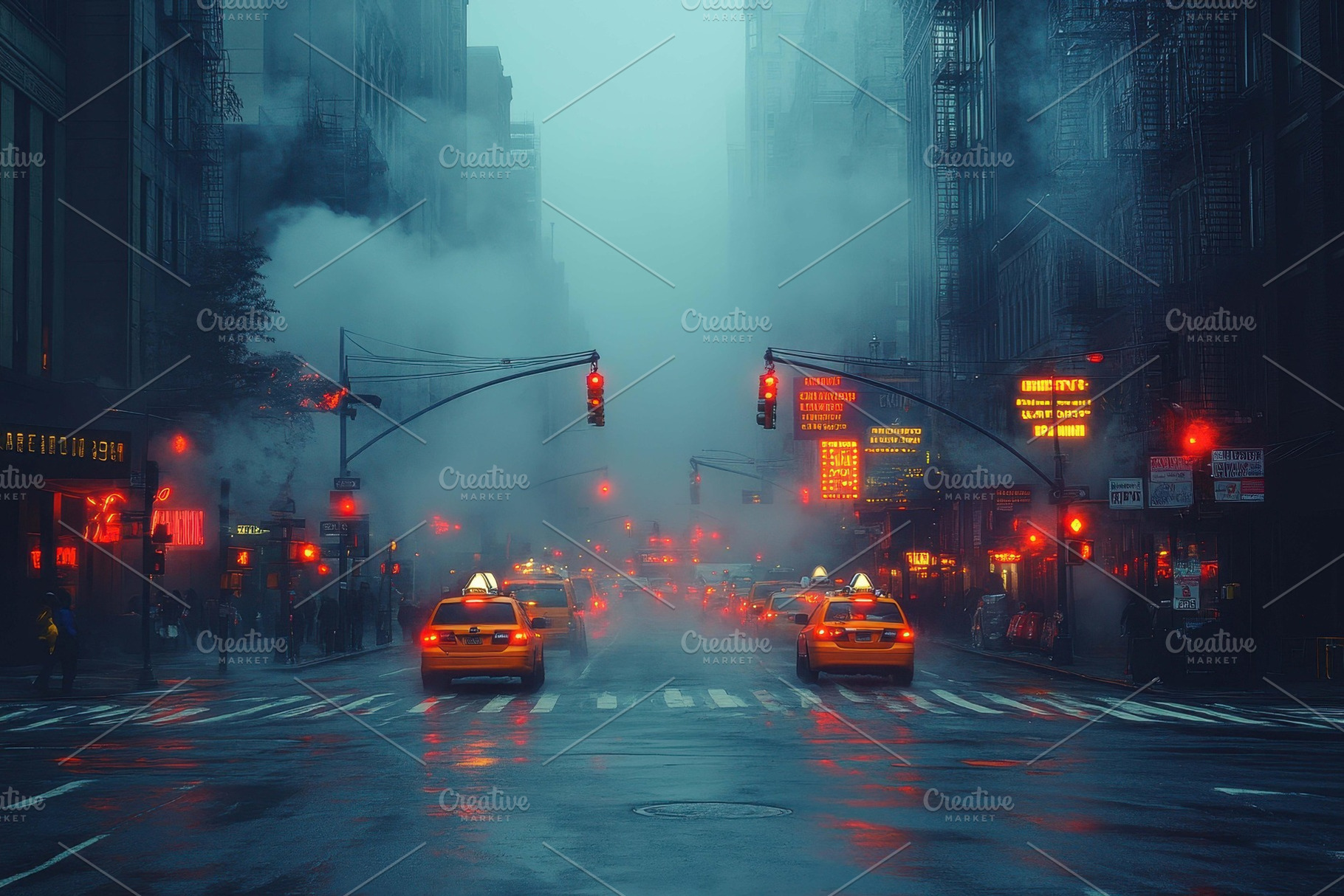 Rainy evening in a bustling city str, a Photo by Tanuart