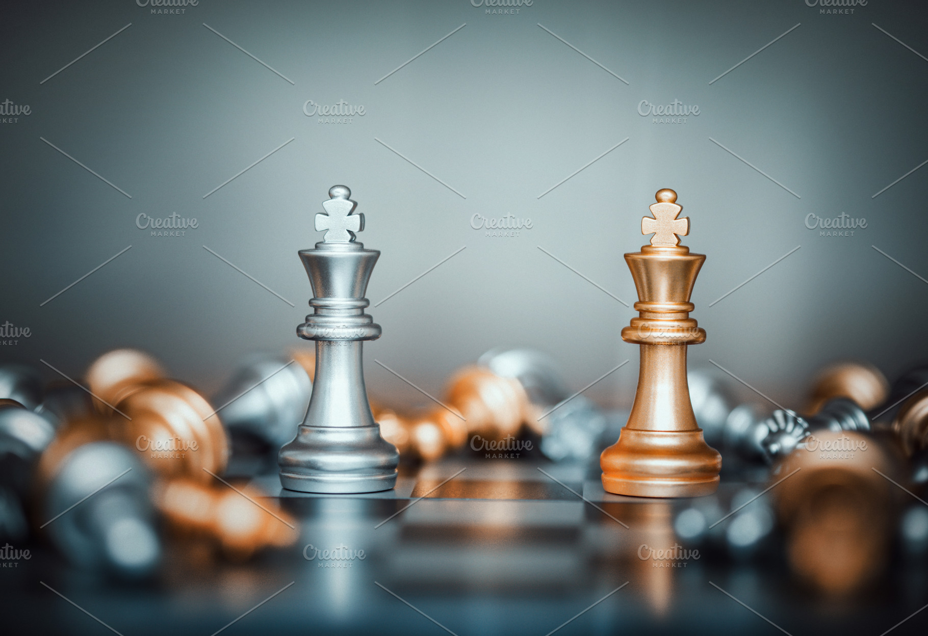 King chess battle on chessboard containing strategy, challenge, and victory, a Business Photo by Nednapa