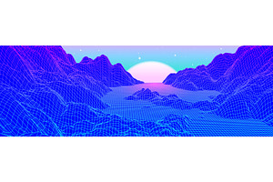Neon grid landscape and sun with 80s