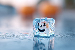 Unique ice cube with a smiling face placed on a reflective surface in a festive, a Holiday Photo by AlyaAnd
