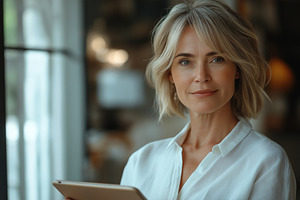 A confident middle-aged Caucasian woman holds a tablet, smiling warmly in a bri, a Person Photo by ImageMir