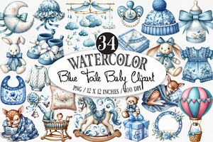 Watercolor Blue Toile Baby Clipart, an Illustration by Designking