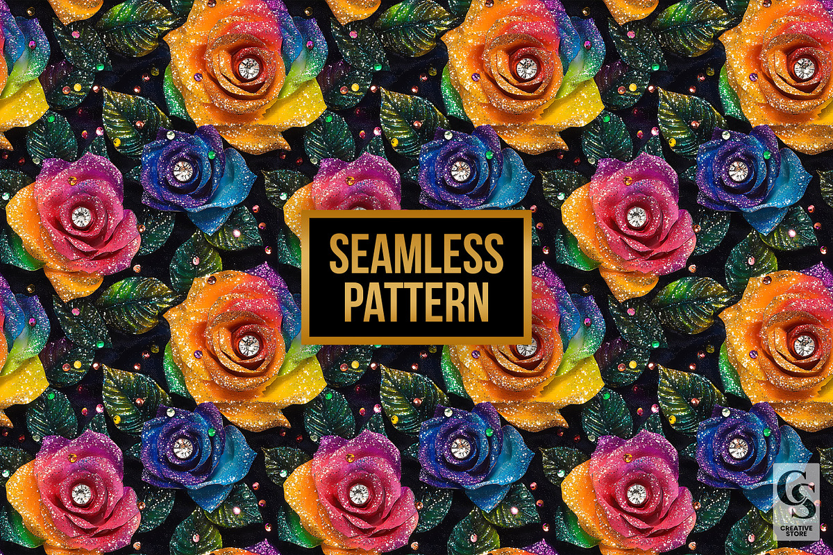 Rainbow Glitter Neon Roses Pattern, a Pattern Graphic by Creative Store (Photo 4 of 5)