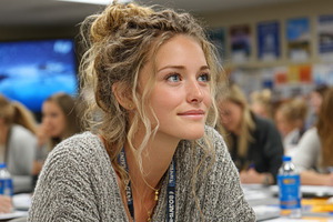 Focused student engaged in a classroom lecture with attentive classmates visibl, a Photo by AS photostudio