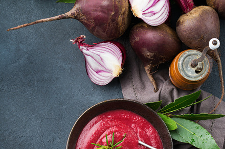 Seasonal fall autumn creamy beetroot soup on a table, a Food & Drink Photo by Antonina Vlasova