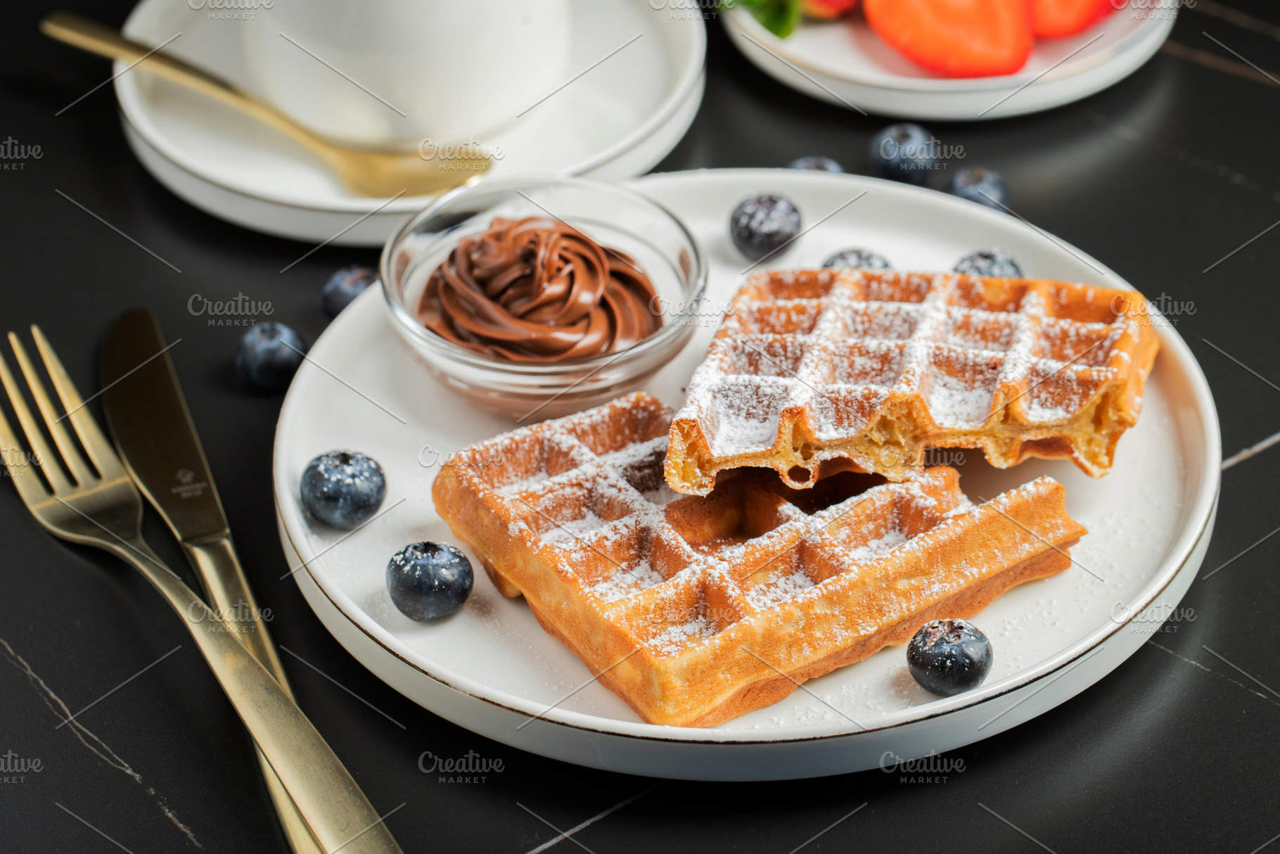 Belgium waffles Homemade waffles with strawberries, a Food & Drink Photo by Budarinphoto