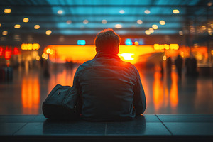 Man waiting at an airport terminal d, a Photo by Tanuart