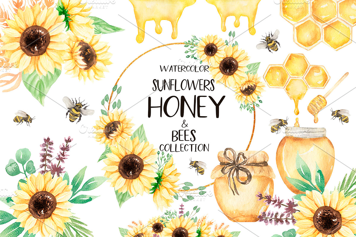 Watercolor Sunflowers, Honey & Bees, a Decorative Illustration by MayaNavits (Photo 1 of 9)