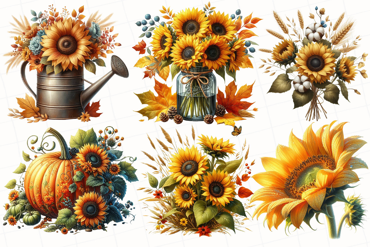 Vintage Sunflowers Autumn Clipart, an Illustration by OK Design (Photo 4 of 5)