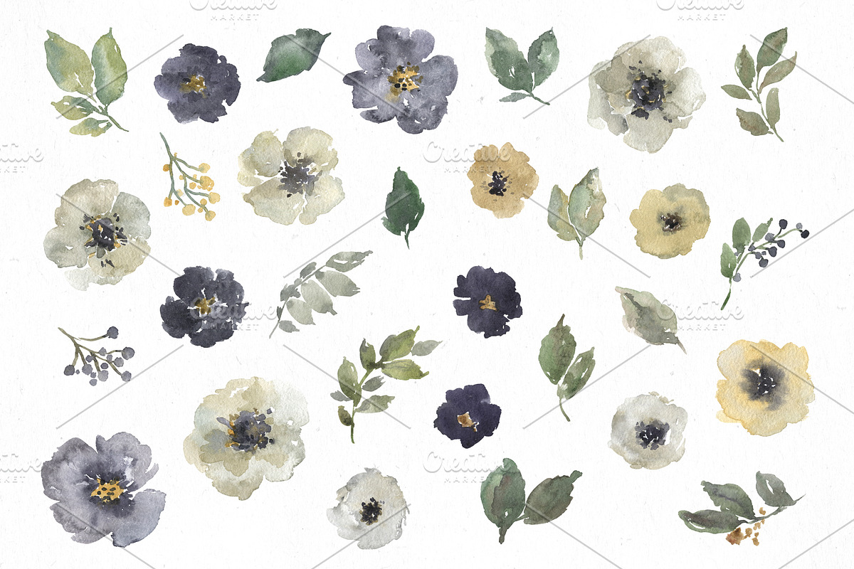 Watercolor Dusty Blue White Flowers, a Decorative Illustration by GraphicsDish (Photo 2 of 4)
