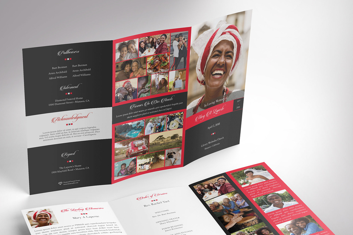 Red Legal Trifold Funeral Program, a Brochure Template by Godserv Designs (Photo 1 of 10)