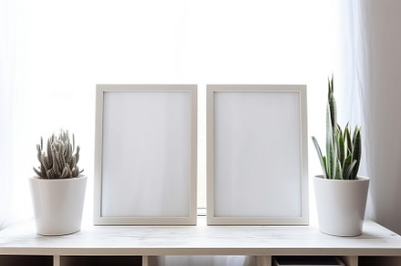 Blank print frame mockup with plants and decor on light backgrou, a Photo by Dvoevnore photos
