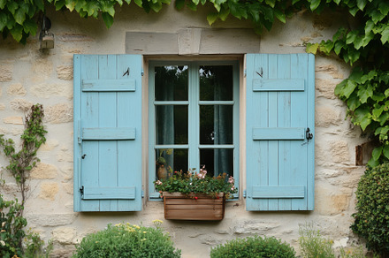 A charming Country French house style window with blue shutters and a flower bo, an Architecture Photo by Textures & Backgrounds