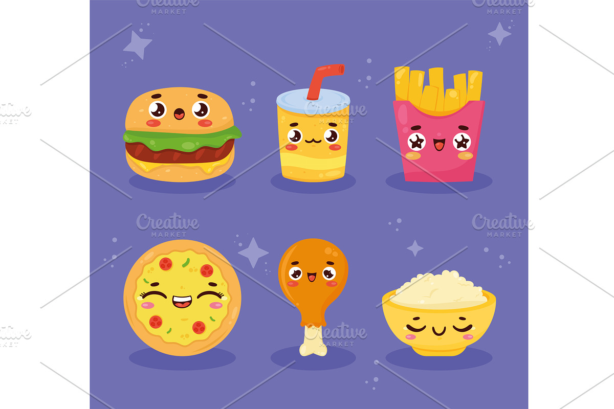 six kawaii food character, a Food Illustration by studiogstock