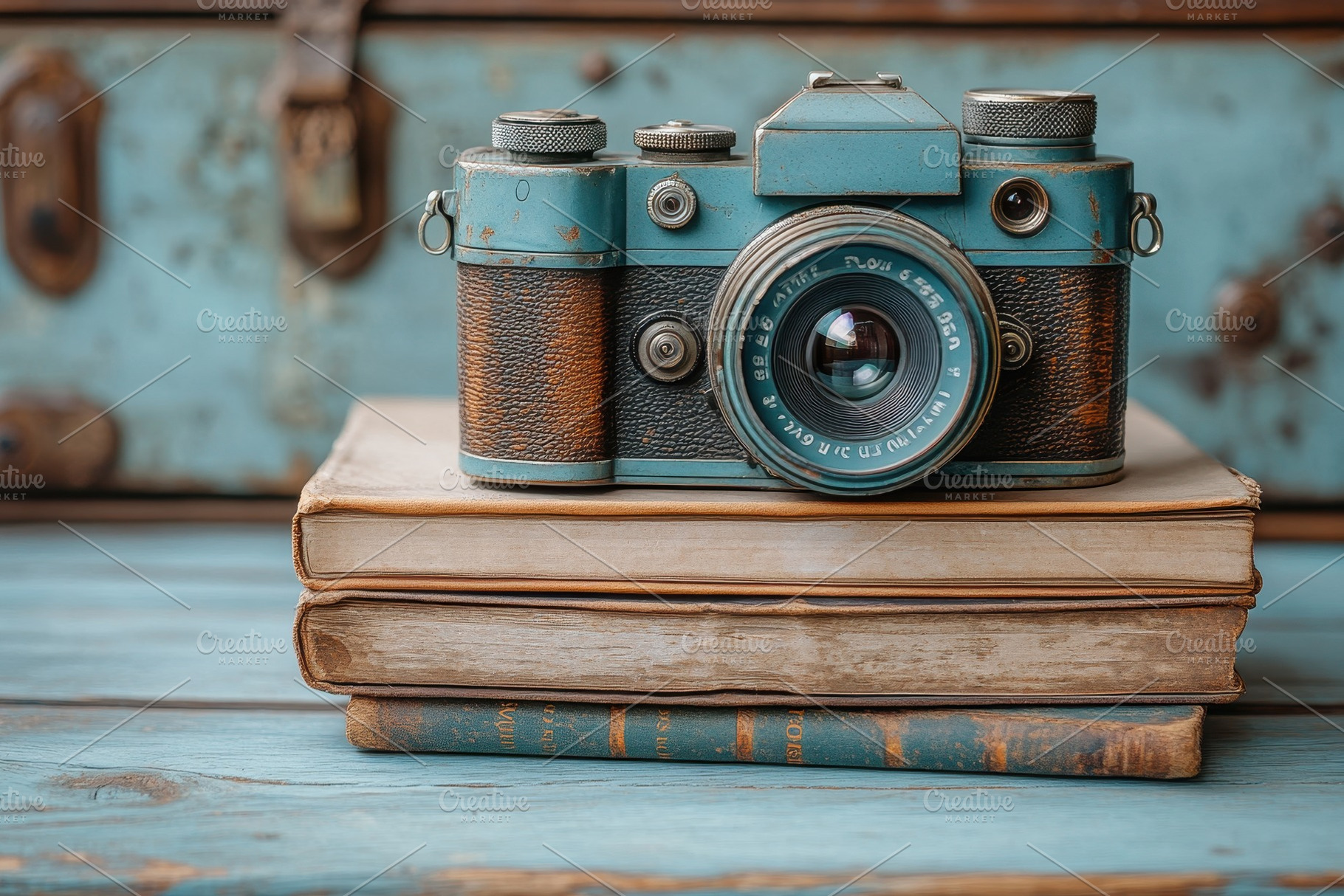 Vintage camera rests on stack of old, a Photo by Tanuart