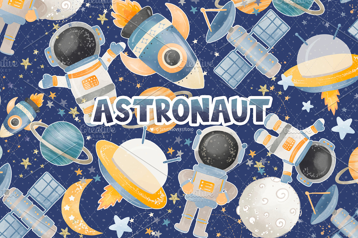 Watercolor Astronaut Space design, an Illustration by designloverstudio (Photo 1 of 3)