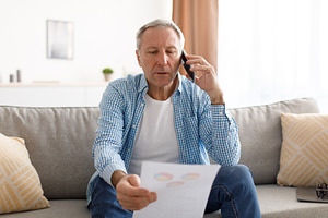 Focused mature man holding paper reading report talking on phone, a Photo by Prostock-Studio