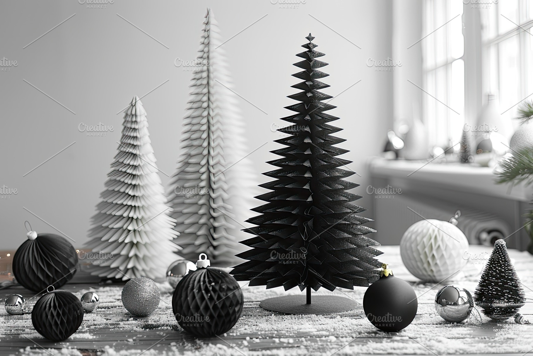 Modern monochrome Christmas scene with black and white decorativ, a Background Photo by José Manuel Gelpi