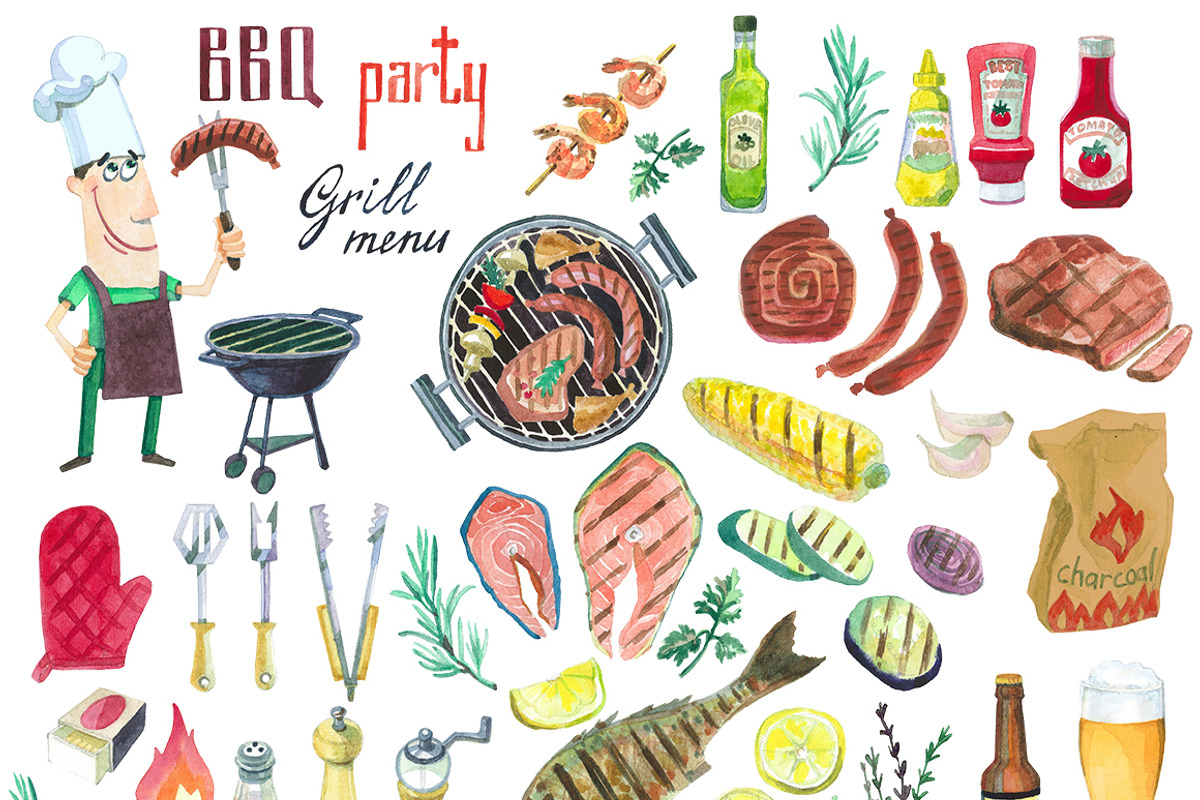 Watercolor bbq food and equipment., a Food Illustration by Natasha Koltsova (Photo 2 of 4)