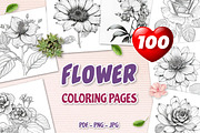 100 Beautiful Flower Coloring Pages, a Decorative Illustration by Blue Digital Studio (Thumbnail 1 of 7)
